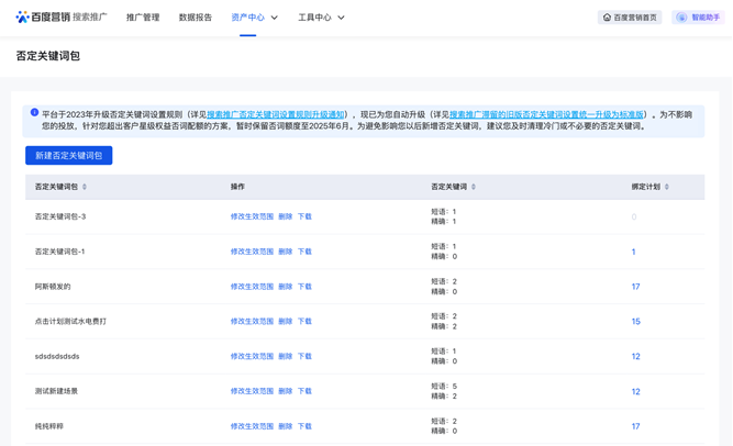 搜索推廣滯留的舊版否定關(guān)鍵詞設(shè)置統(tǒng)一升級為標準版