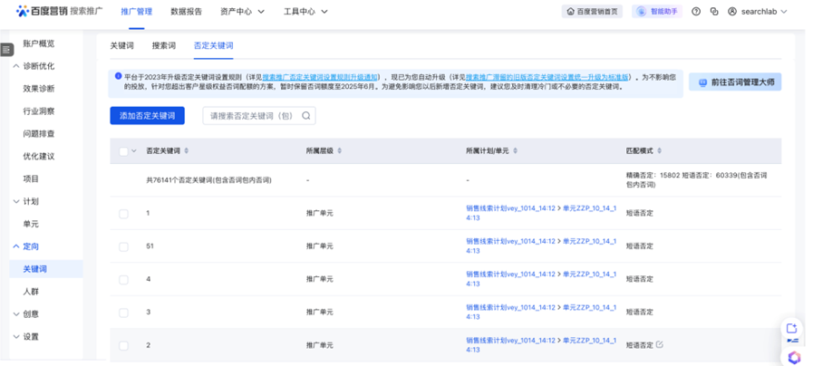 搜索推廣滯留的舊版否定關(guān)鍵詞設(shè)置統(tǒng)一升級為標準版